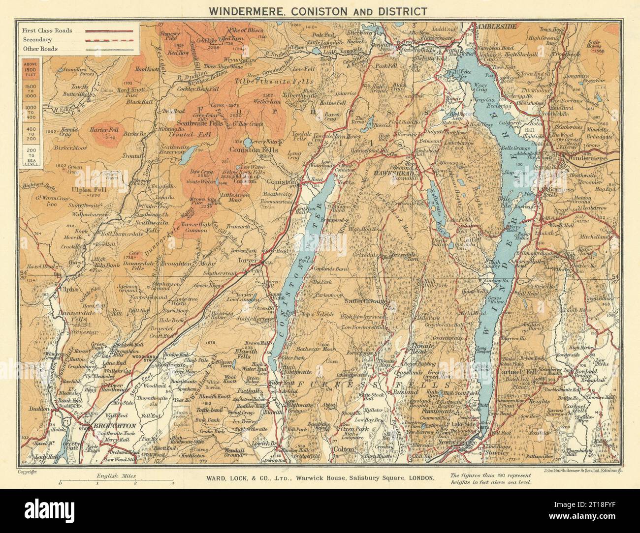WINDERMERE & CONISTON EAU. Ambleside Lake District Cumbria. Carte WARD LOCK 1938 Banque D'Images
