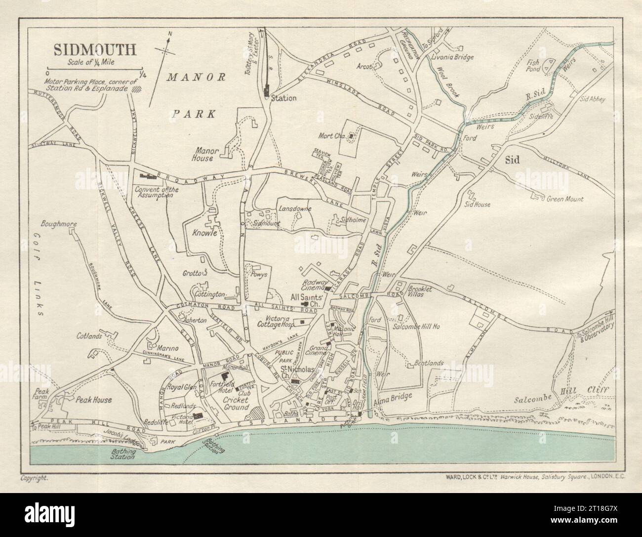 SIDMOUTH vintage plan de ville. Devon. WARD LOCK 1929 ancienne carte vintage Banque D'Images