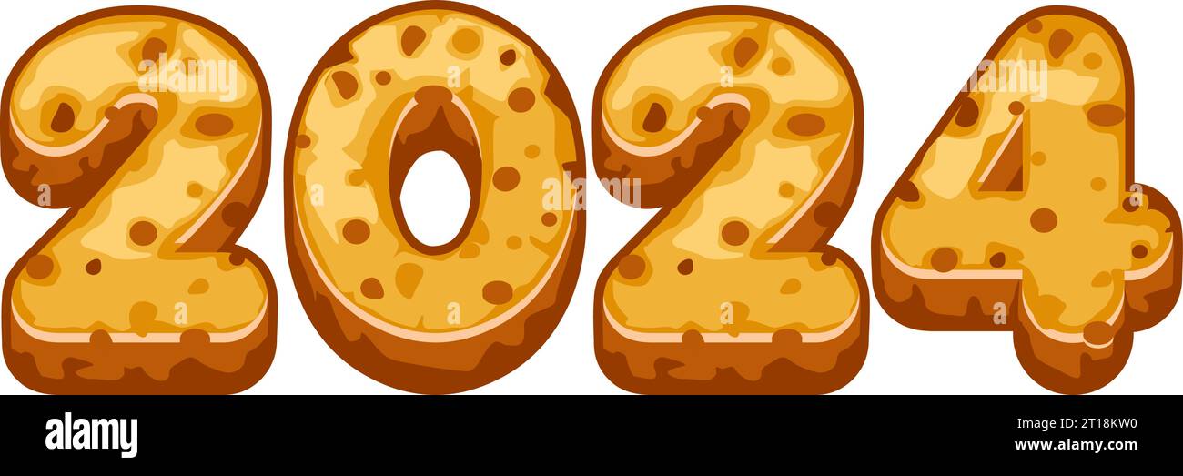 2024 texte dans le style des biscuits en pain d'épice. Nouvel an, sucré, dessert. Thème des vacances d'hiver. Illustration de Vecteur