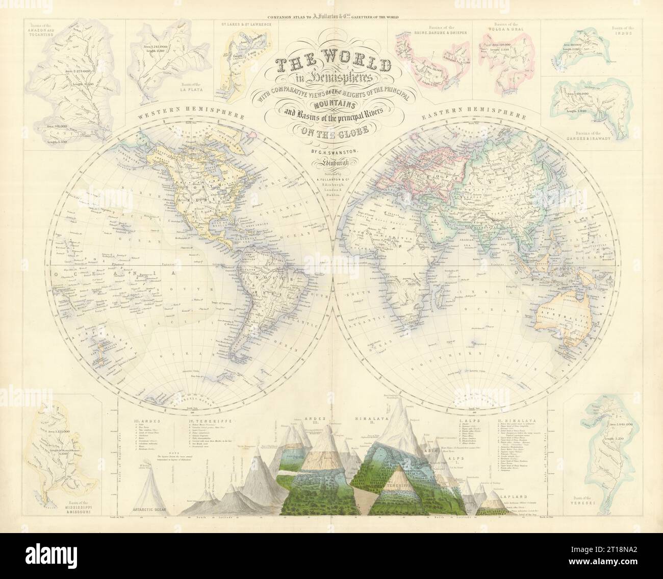 Monde en hémisphères. Montagnes et rivières. CARTE ancienne SWANSTON 1860 Banque D'Images