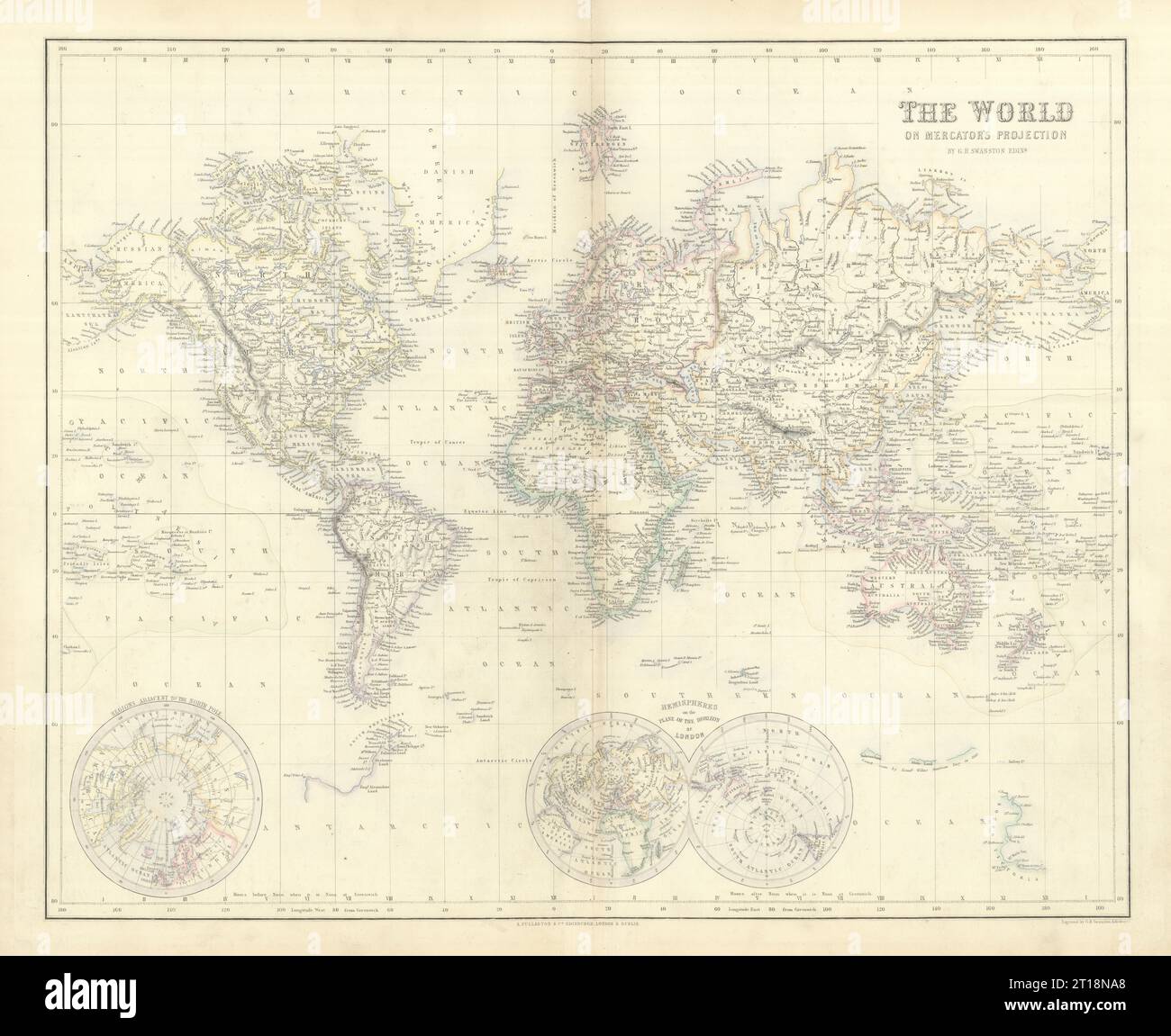 Le monde sur la projection de Mercator. SWANSTON 1860 carte ancienne plan carte Banque D'Images