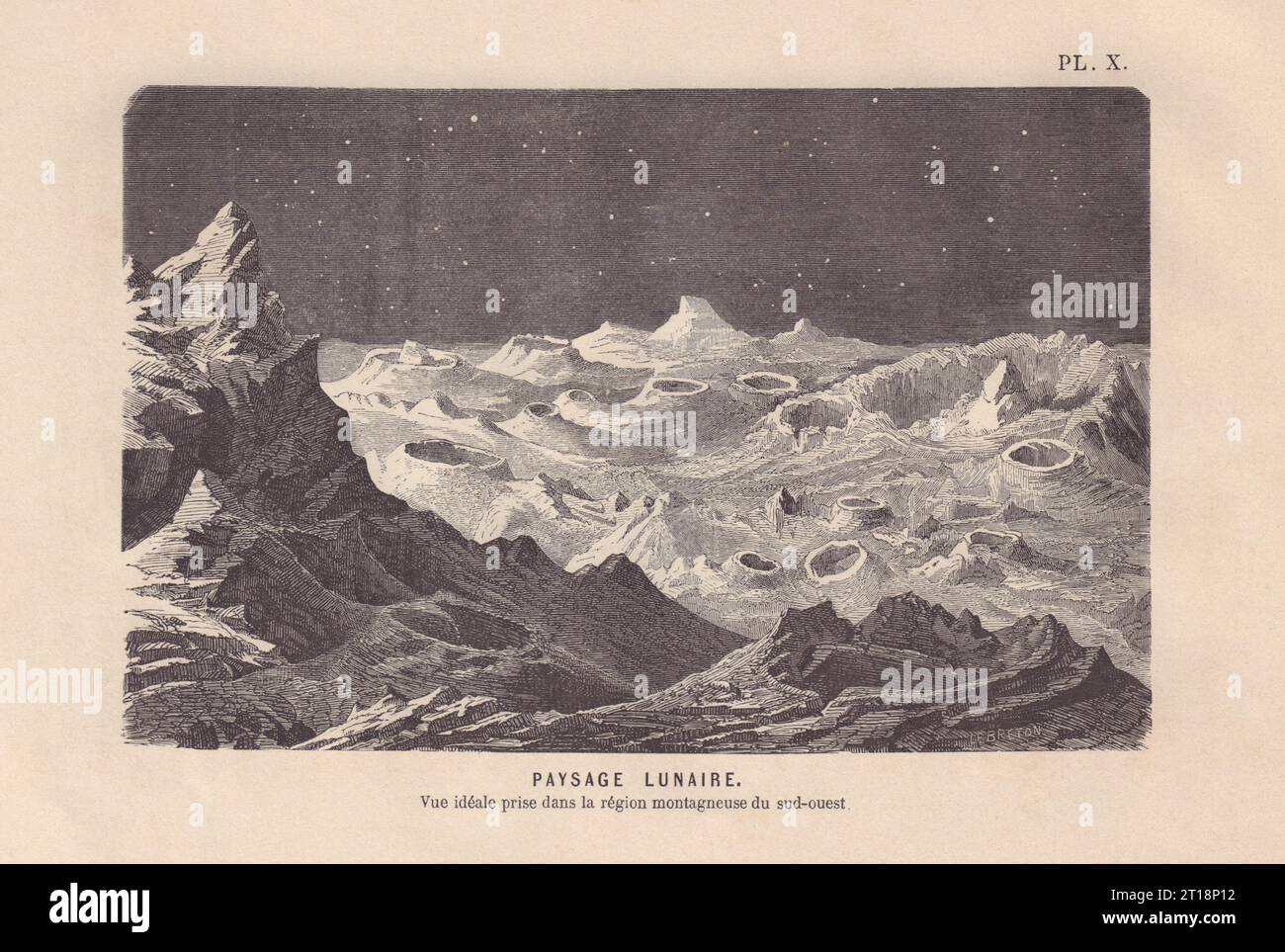 Lune. Paysage lunaire. Paysage lunaire imaginé 1866 ancienne image imprimée antique Banque D'Images
