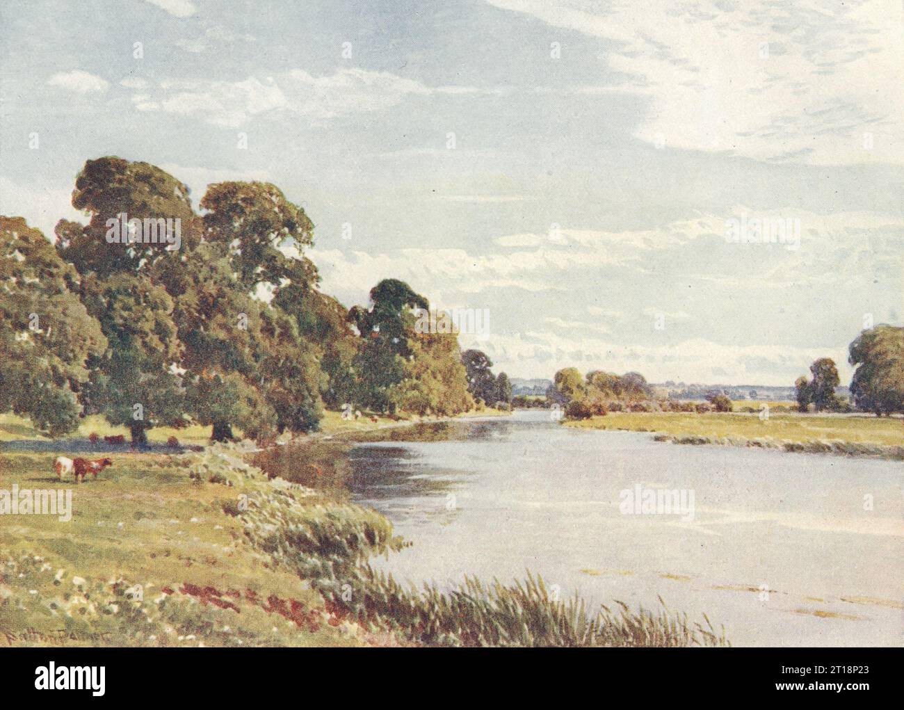 The Ouse, près d'Olney, Buckinghamshire par Sutton Palmer 1920 ancienne estampe antique Banque D'Images