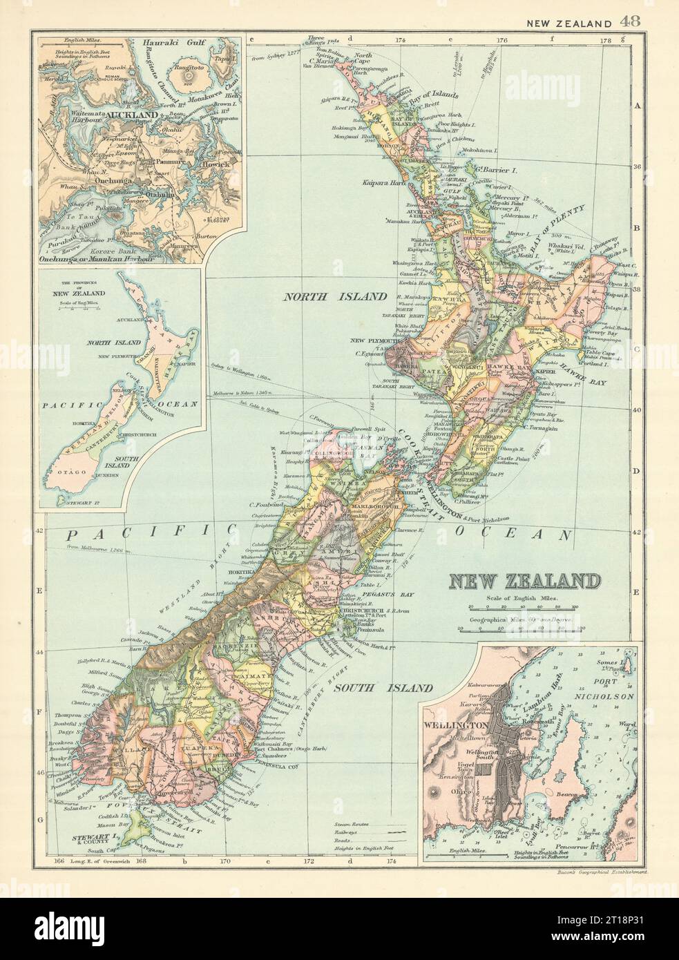 NOUVELLE-ZÉLANDE. comtés. Wellington Auckland ; provinces néo-zélandaises. BACON 1894 ancienne carte Banque D'Images