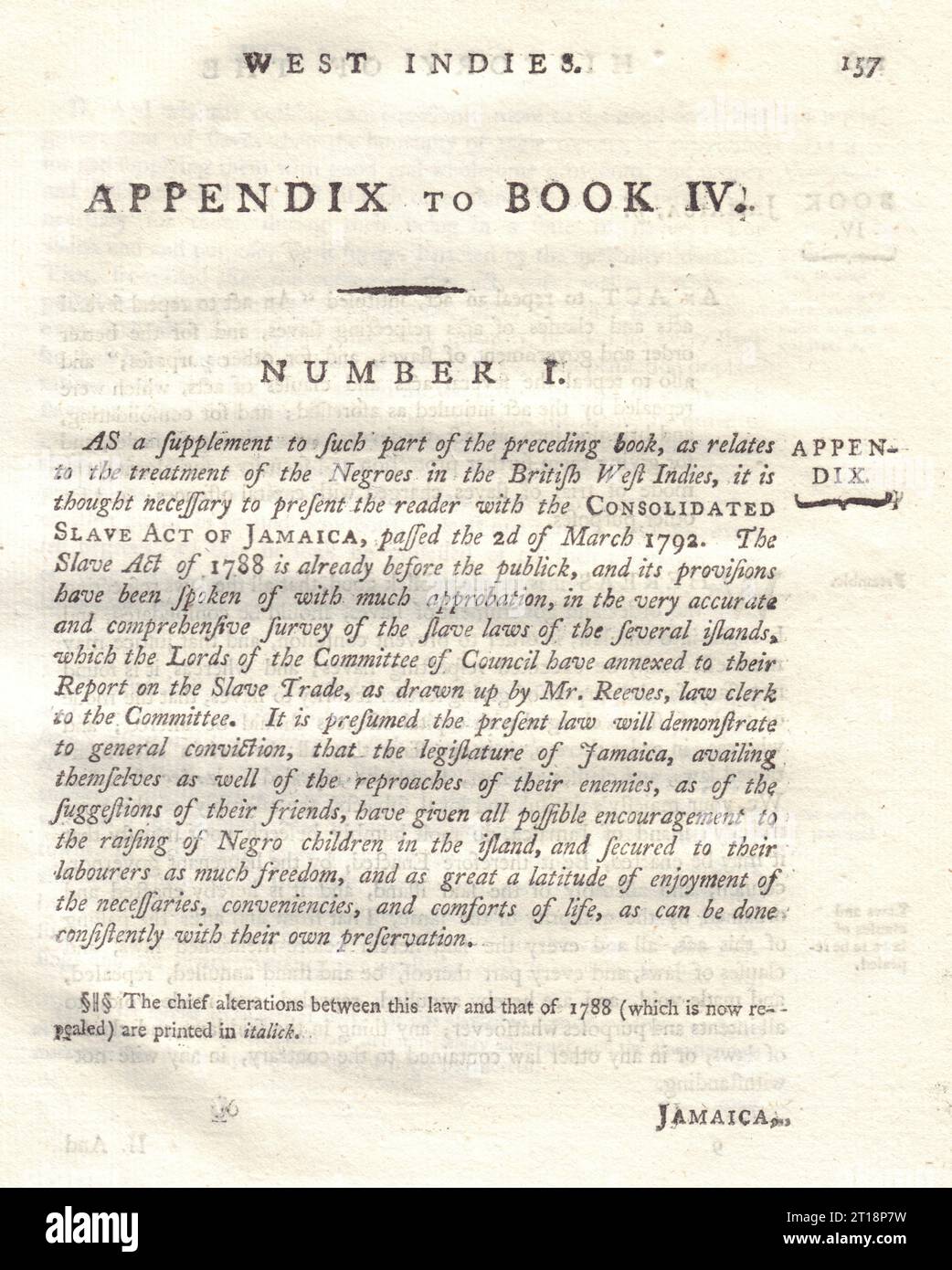Loi consolidée sur les esclaves de la Jamaïque 1792. 40 pages. Imprimé Bryan Edwards 1794 Banque D'Images