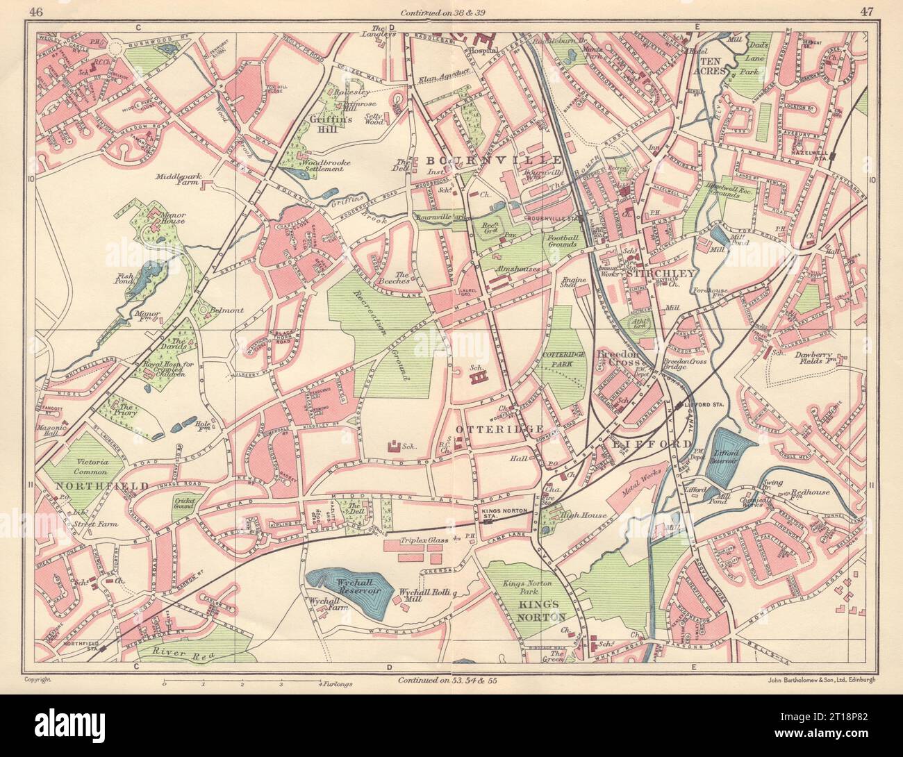 BIRMINGHAM SOUTH WEST Bournville Northfield King's Norton Lifford 1954 ancienne carte Banque D'Images