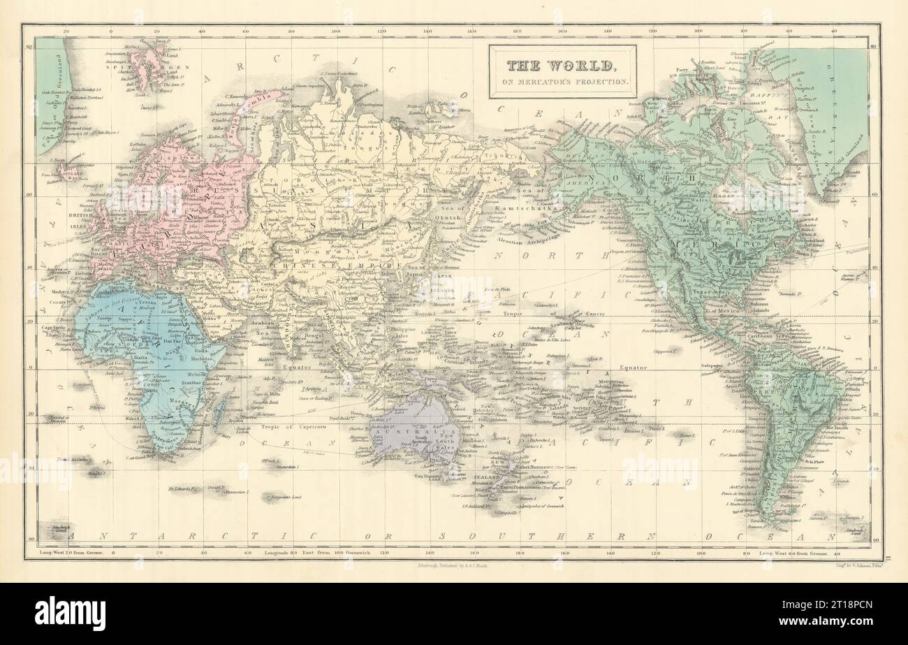 Le monde, sur la projection de Mercator par GEORGE AIKMAN. Carte 1854 centrée sur l'Asie Banque D'Images