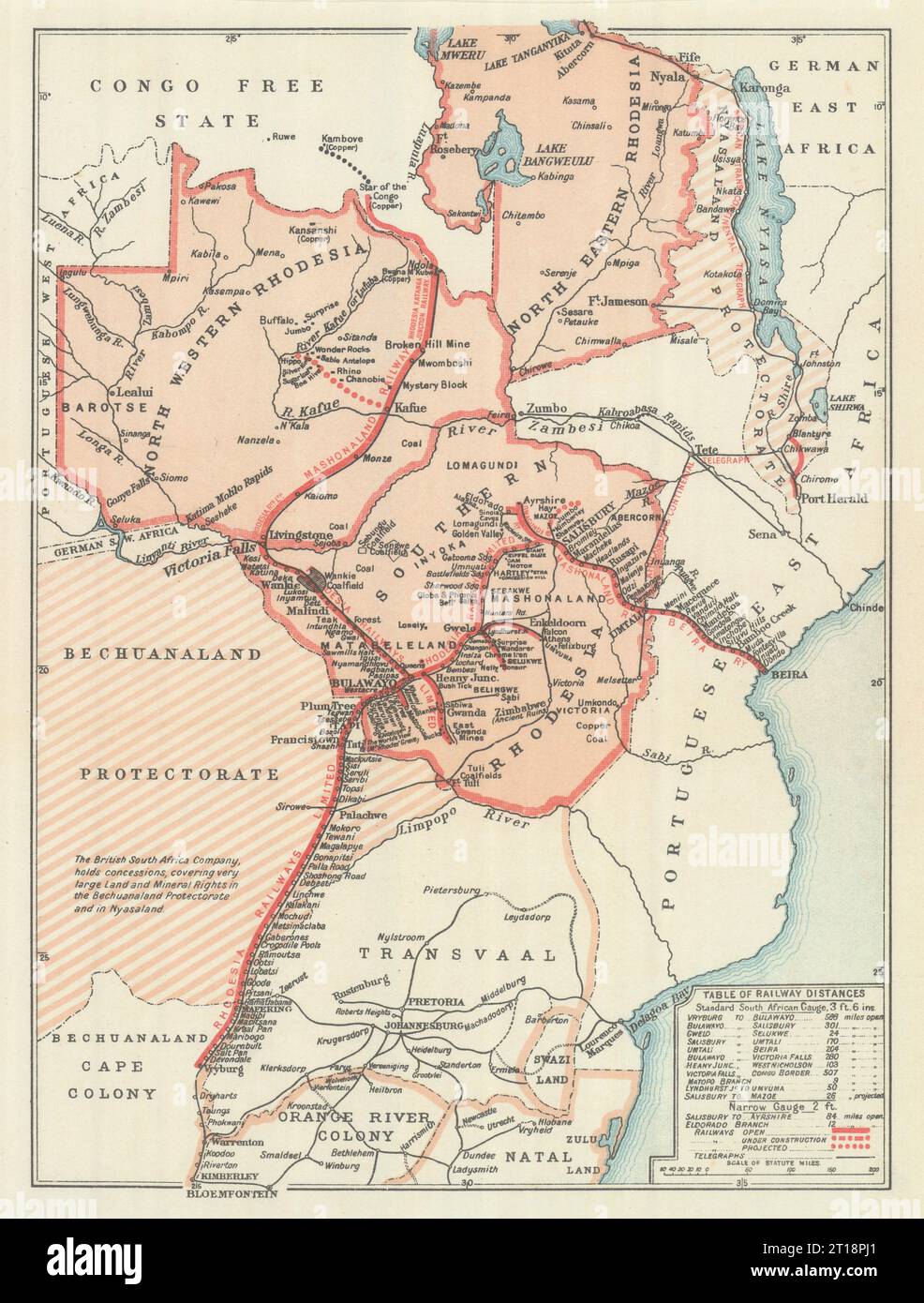 Chemins de fer de Rhodésie. Zimbabwe et Zambie. Carte British South Africa Company 1910 Banque D'Images