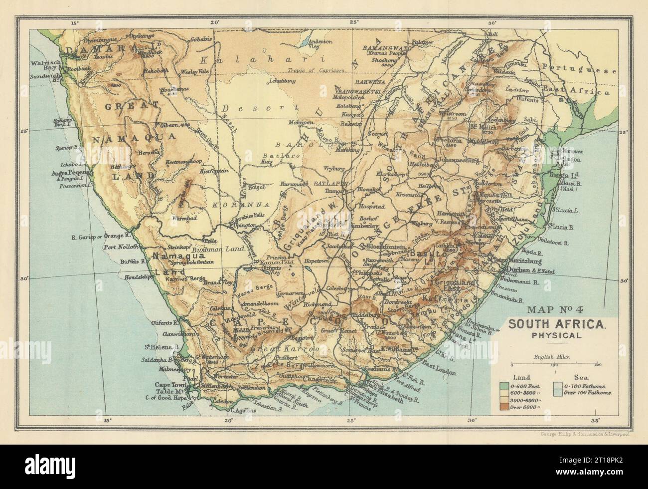 Afrique du Sud - physique. Élévation. SAMLER BROWN 1899 ancienne carte antique Banque D'Images