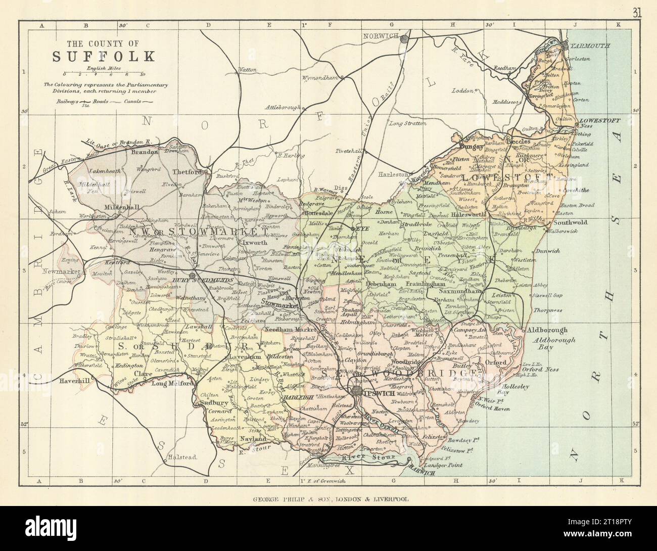 SUFFOLK. Carte du comté antique. Chemins de fer routes canaux. Circonscriptions. PHILIPPE 1889 Banque D'Images