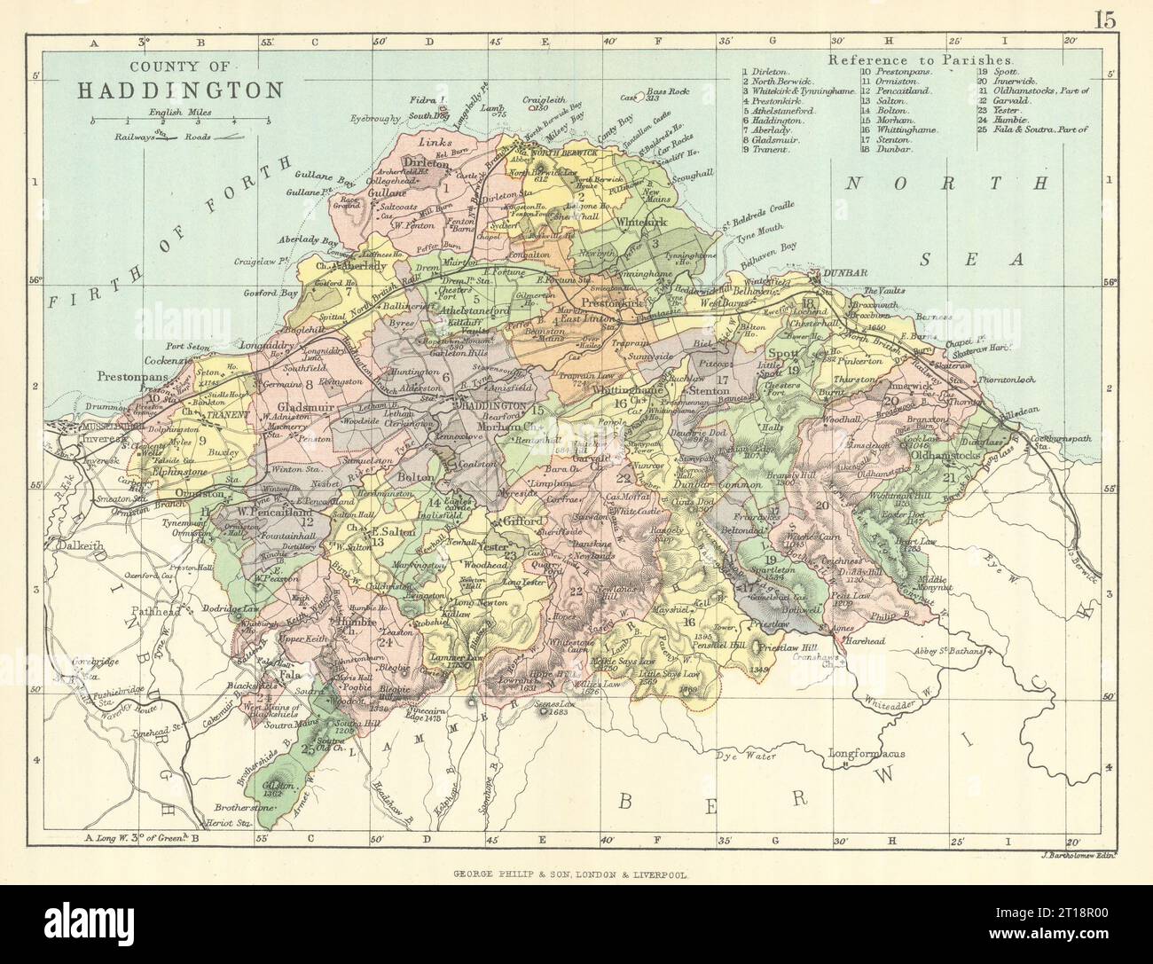 Comté de Haddington. Haddingtonshire. Paroisses. BARTHOLOMEW 1888 ancienne carte Banque D'Images