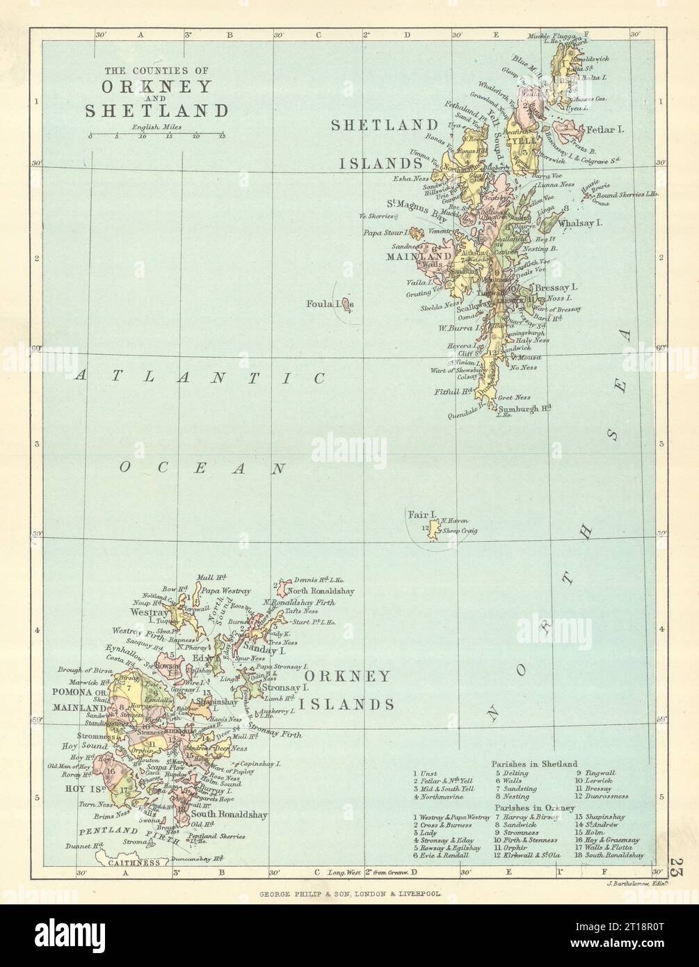 « Les comtés des Orcades et des Shetland ». Paroisses. BARTHOLOMEW 1888 ancienne carte Banque D'Images