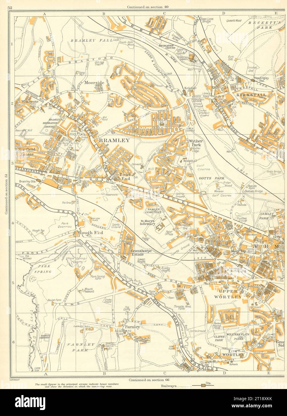 LEEDS Bramley Wortley Hough End Wyther Kirkstall Armley Farnley 1935 carte ancienne Banque D'Images