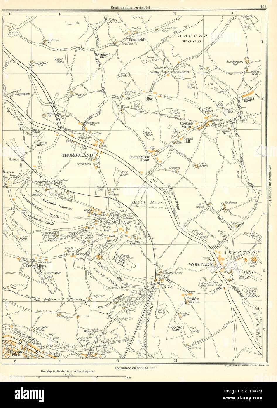 THURGOLAND Wortley Stocksbridge Crane Moor Bagger Wood Finkle Street 1935 carte Banque D'Images