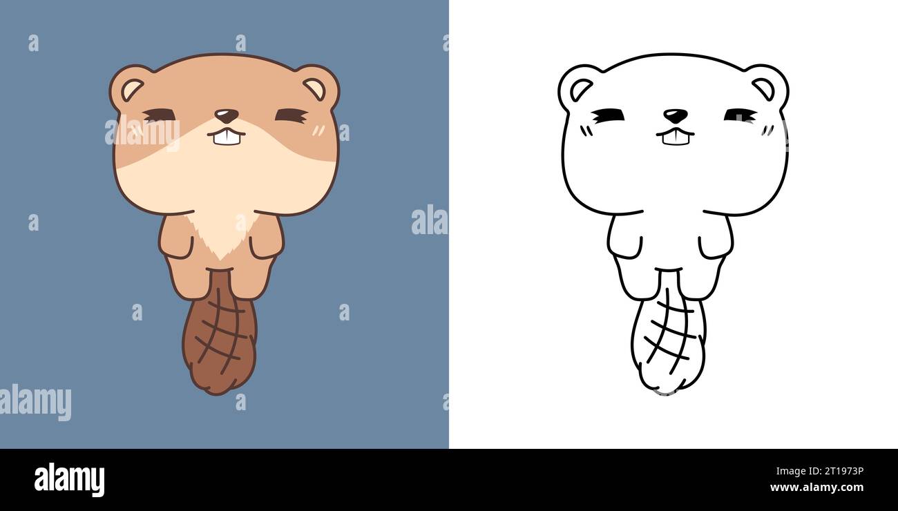 Kawaii Clipart Beaver Illustration et pour Coloriage page. Drôle Kawaii Forest Animal. Illustration de Vecteur