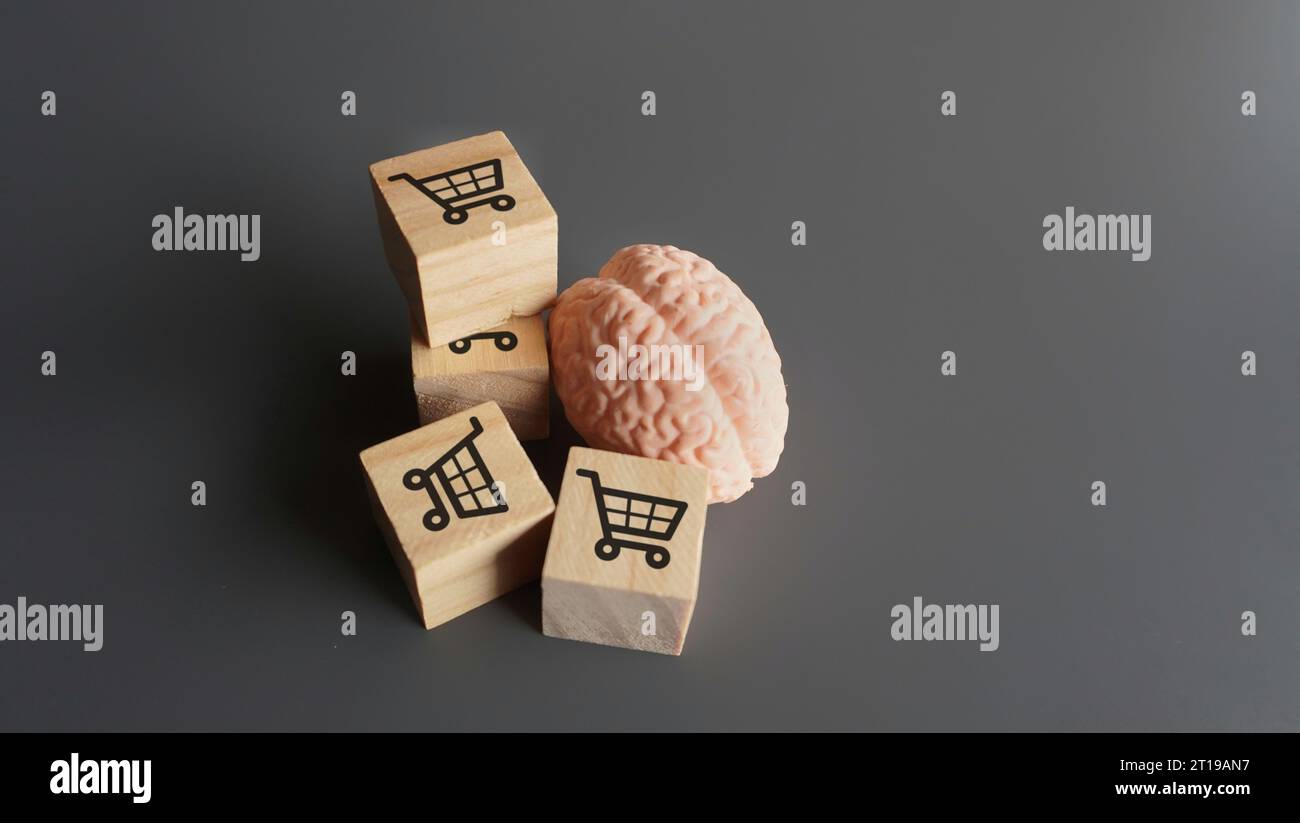 Un cerveau humain et des blocs de bois avec l'icône des chariots. Comportement du consommateur, achat impulsif et concept de dépendance au shopping. Banque D'Images