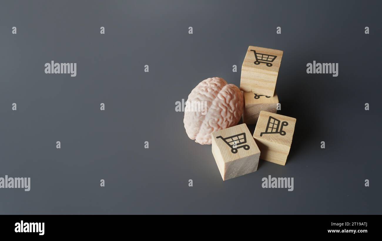 Un cerveau humain et des blocs de bois avec l'icône des chariots. Comportement du consommateur, achat impulsif et concept de dépendance au shopping. Banque D'Images