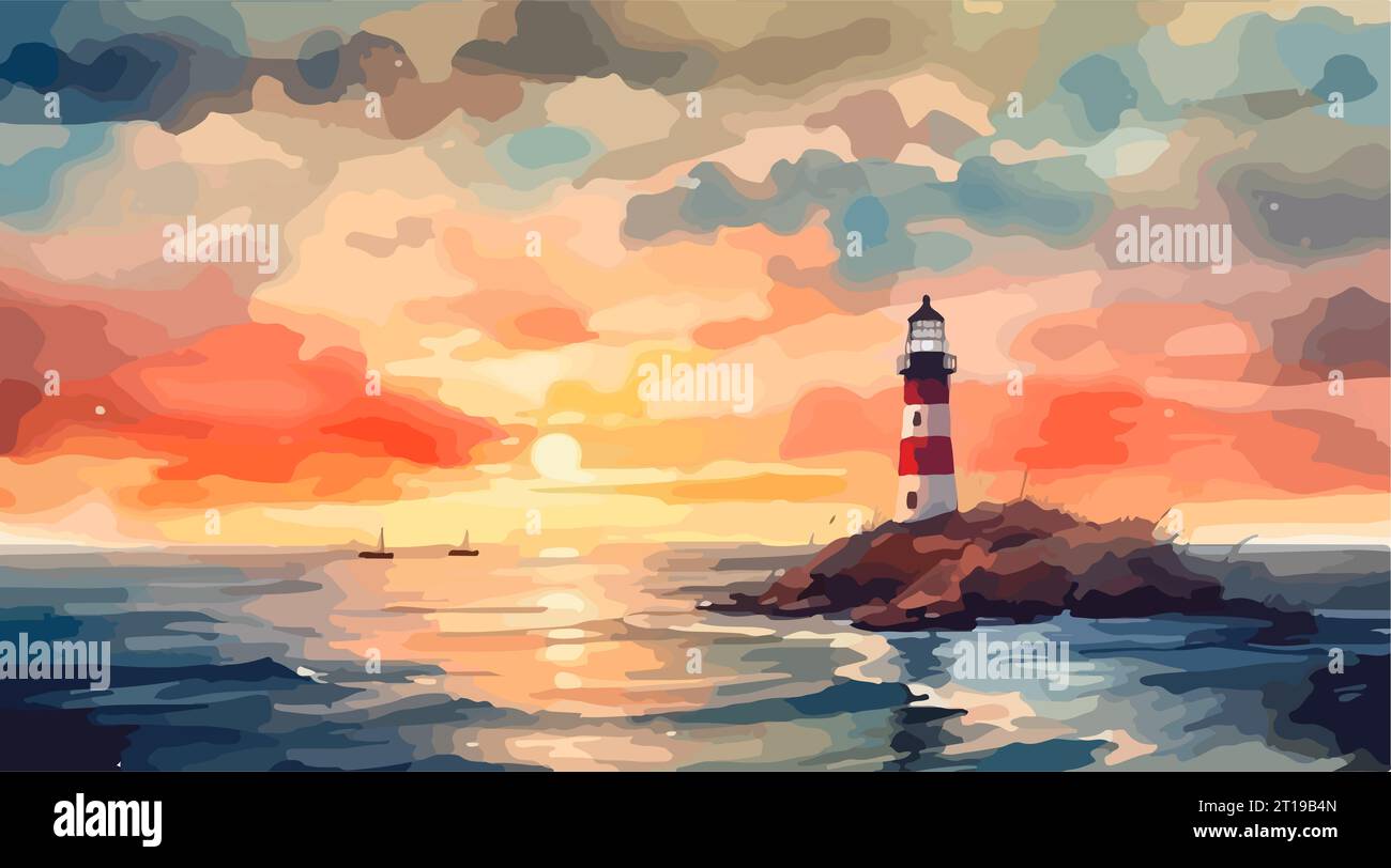 Phare sur le bord de mer au coucher du soleil, aquarelle. Illustration vectorielle Illustration de Vecteur