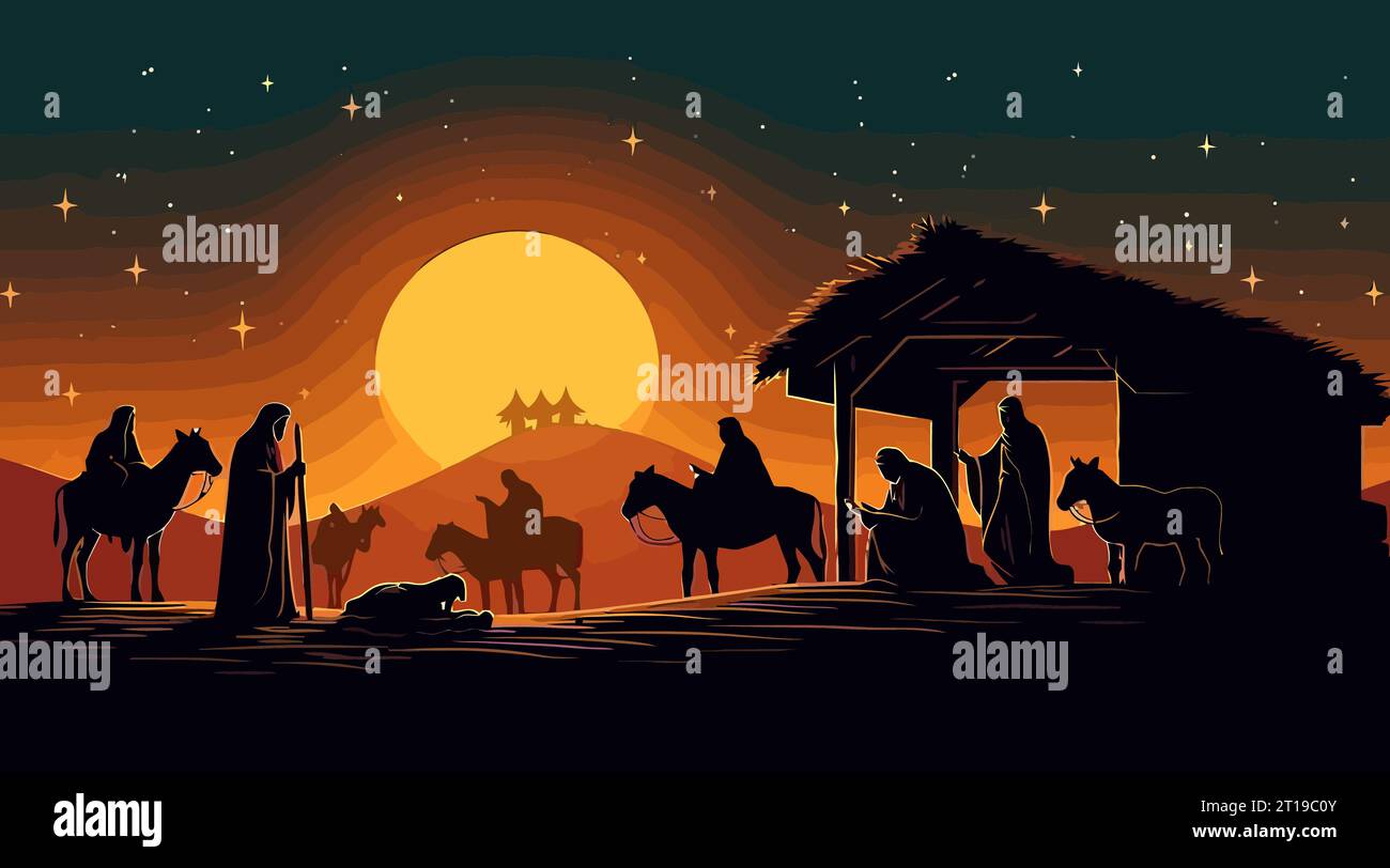 Histoire biblique de fond de dessin animé plat de Noël. Illustration