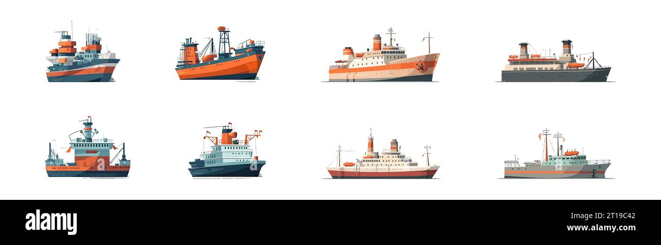 Ship Set dessin animé plat isolé sur fond blanc. Illustration vectorielle Illustration de Vecteur