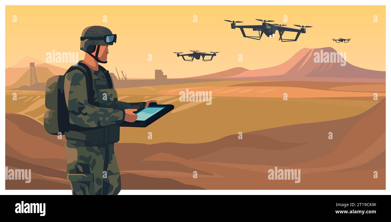 Soldat opérant de drone volant quadrocopter au coucher du soleil. L'homme militaire de l'armée de technologie moderne avec tablette contrôle un véhicule aérien sans pilote. Plan de Illustration de Vecteur