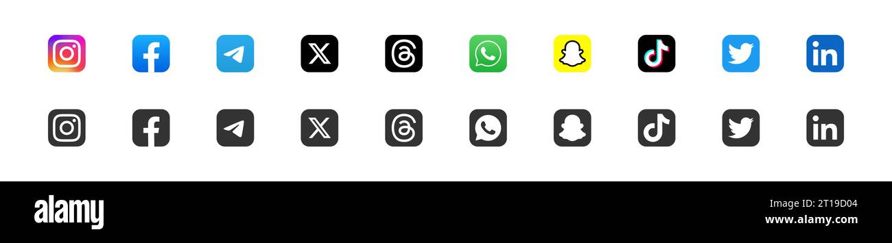 Logo populaire de l'application de médias sociaux : WhatsApp, Facebook, Twitter, Instagram et autres. Collection des meilleurs logos de réseaux sociaux. Vecteur éditorial isolé ico Illustration de Vecteur