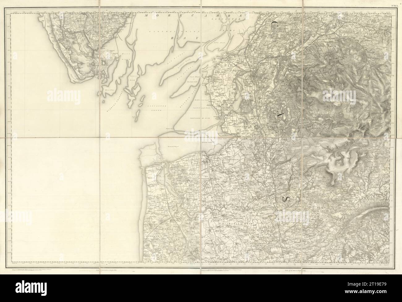 OS #91 Morecambe Bay, Bowland Fells & The Fylde. Barrow Lancaster 1852 ancienne carte Banque D'Images