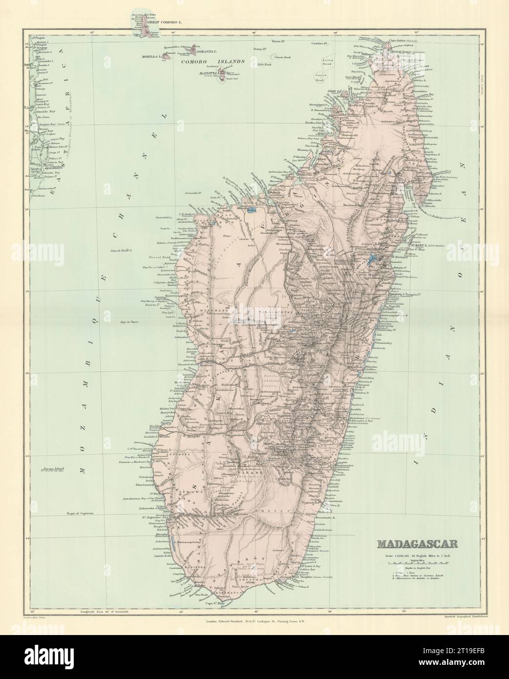 Madagascar, Comores et Mayotte. Côte du Mozambique. 50x64cm STANFORD 1894 carte ancienne Banque D'Images