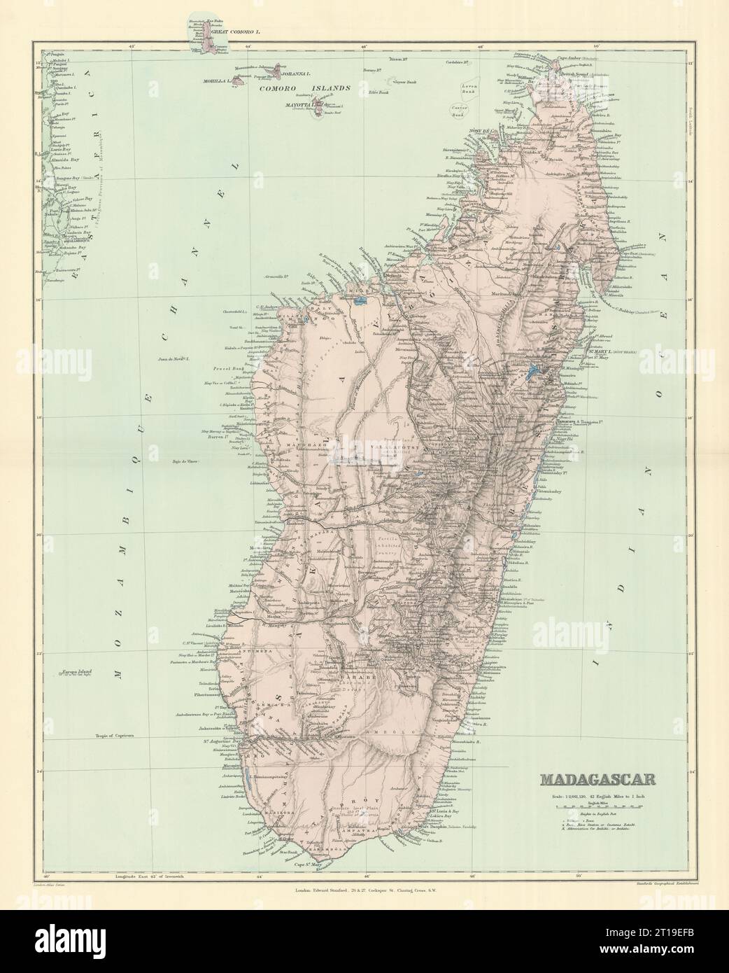 Madagascar, Comores et Mayotte. Côte du Mozambique. 50x64cm STANFORD 1894 carte ancienne Banque D'Images