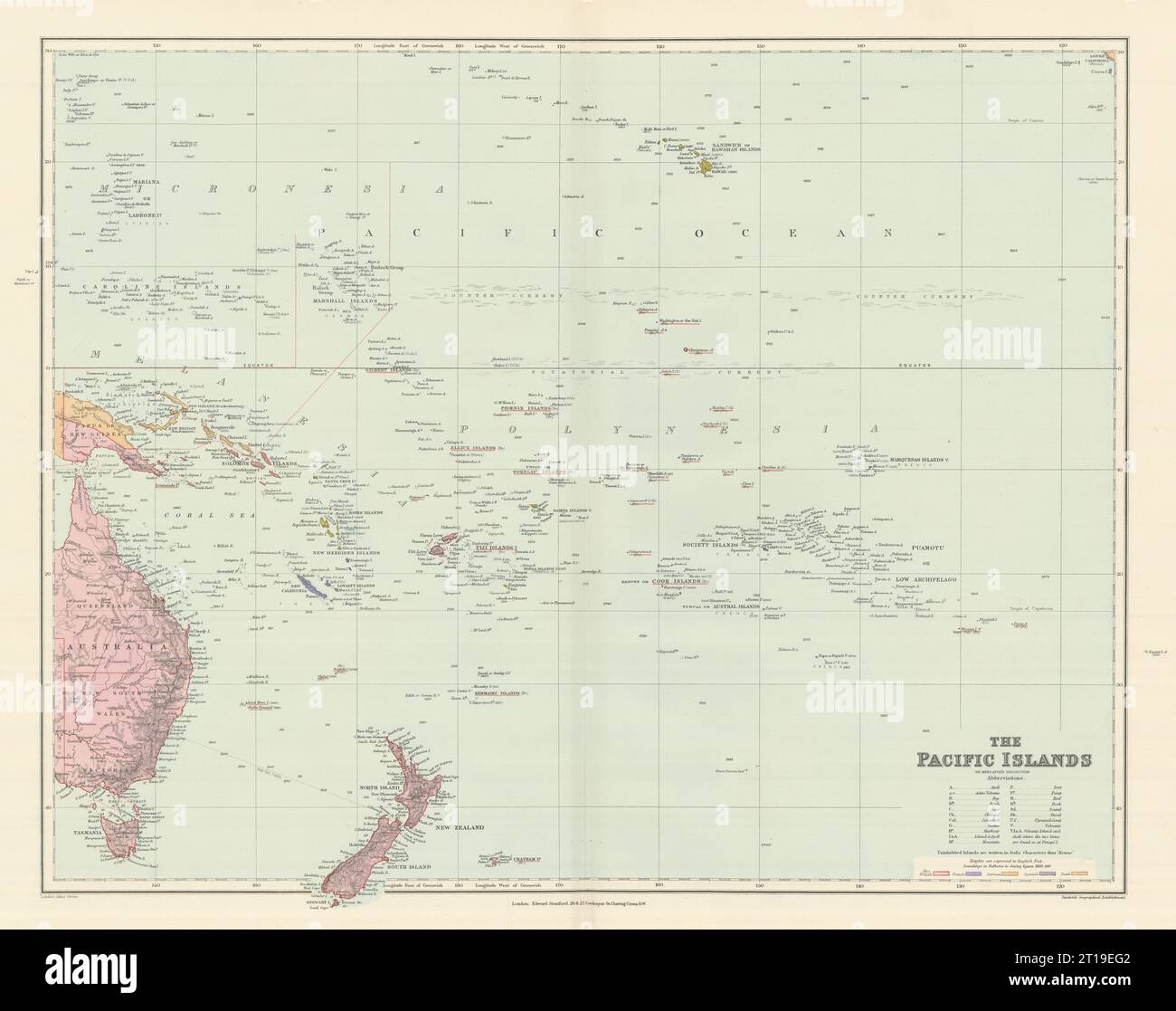 Îles du Pacifique. Mélanésie Polynésie Micronésie. Hawaii. STANFORD 1894 ancienne carte Banque D'Images