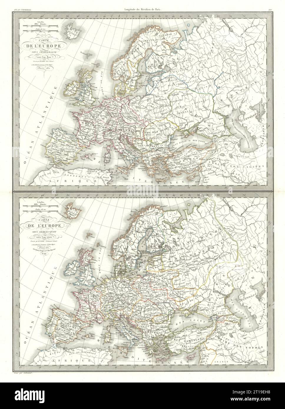 Carte de l'Europe sous Charlemagne (800) & Charles V (1500). Carte LAPIE 1831 Banque D'Images