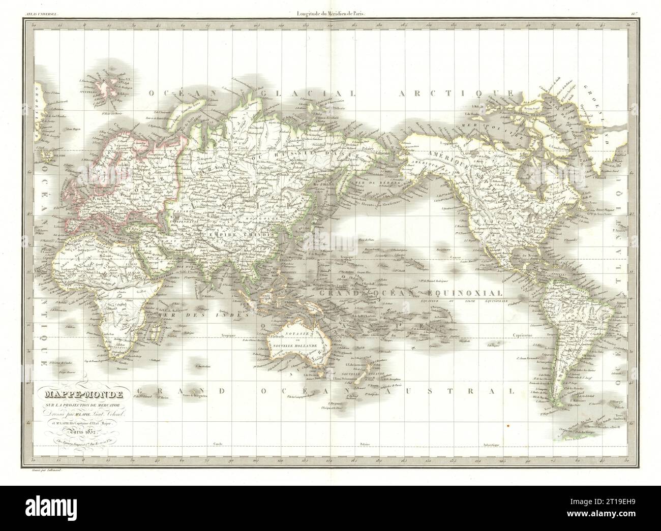 Mappemonde sur la projection de Mercator. Monde Australie Notasie LAPIE 1832 Banque D'Images