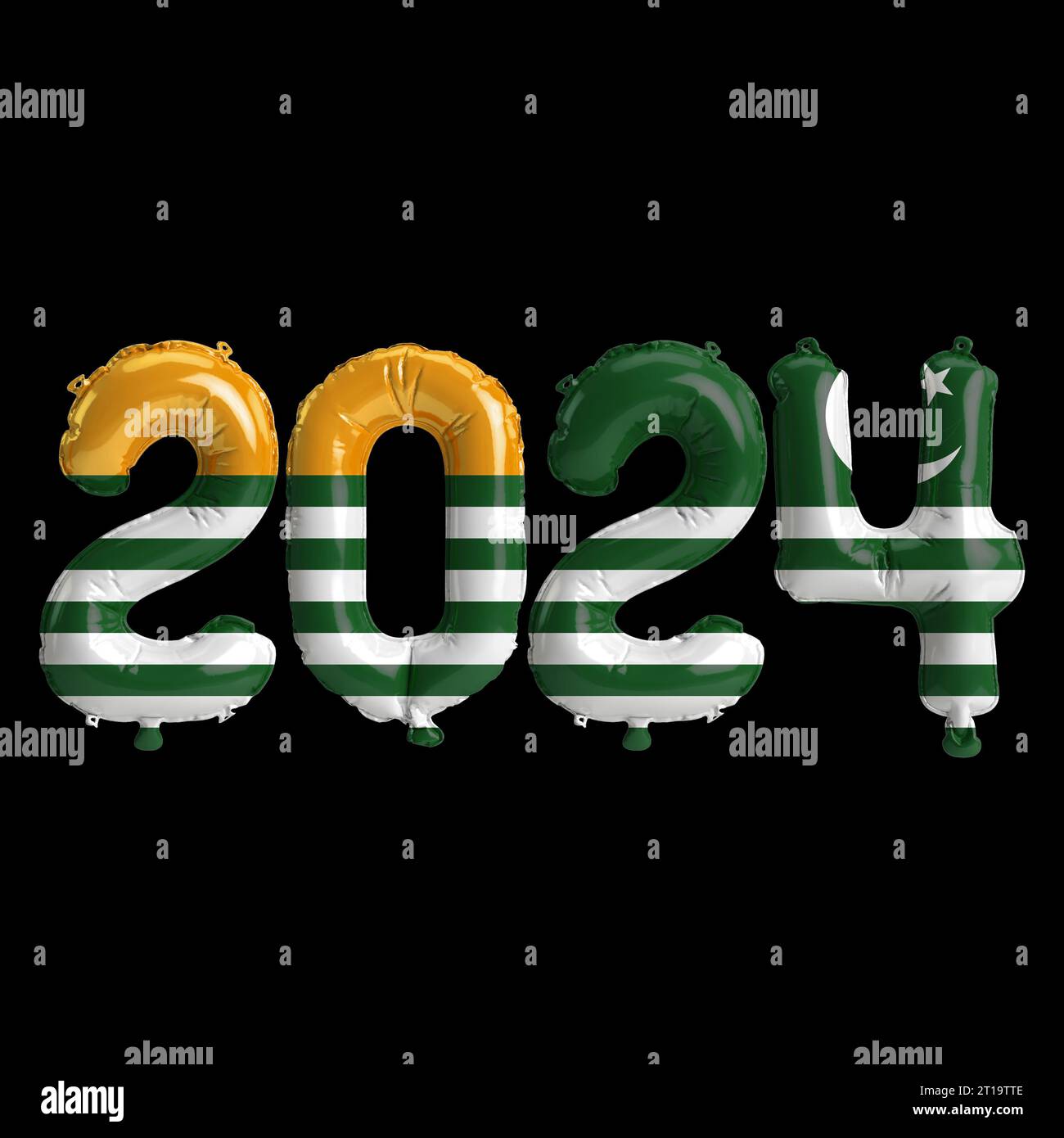 3d illustration de la lettre sur le nouvel an 2024 avec des ballons sur le drapeau Azad Cachemire couleur Banque D'Images