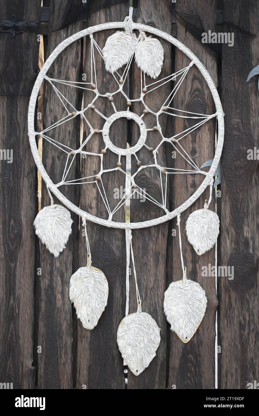 Attrape-rêve macramé blanc avec des feuilles sur la porte rustique en bois, image avec effet de peinture à l'huile Banque D'Images