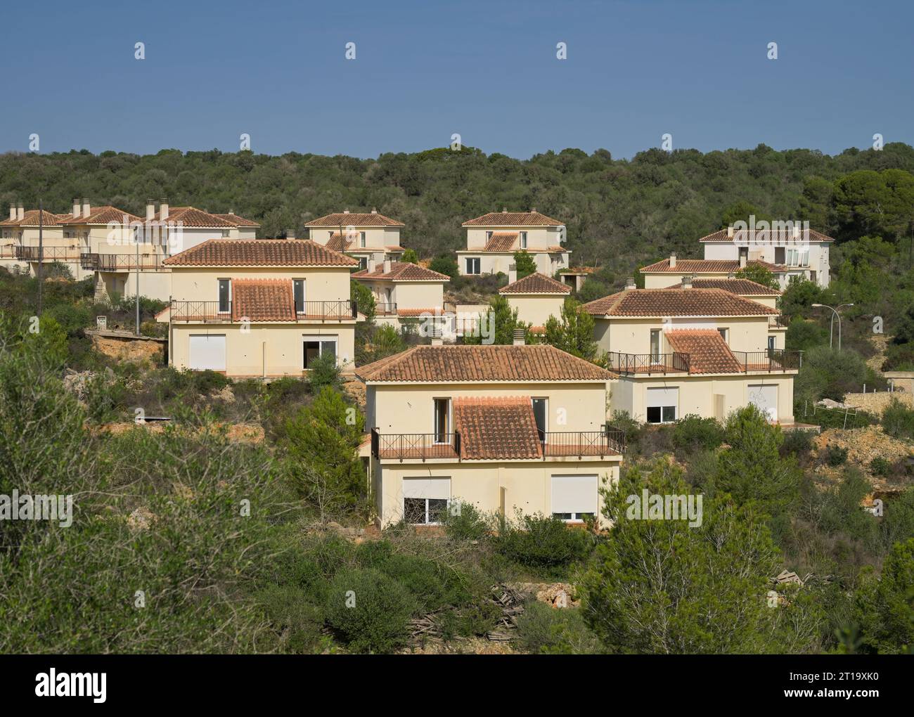 Geistersiedlung, nicht fertig gestellte Ferienhäuser, Cala Estany d'en Mas, Mallorca, Espagnol Banque D'Images