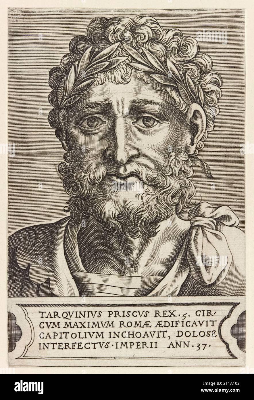 Lucius Tarquinius Priscus (règne c. 616-578BC) cinquième roi de Rome, gravure de Frans Huys (vers 1522-1562) des empereurs et des Empereurs romains publiée en 1550. Banque D'Images