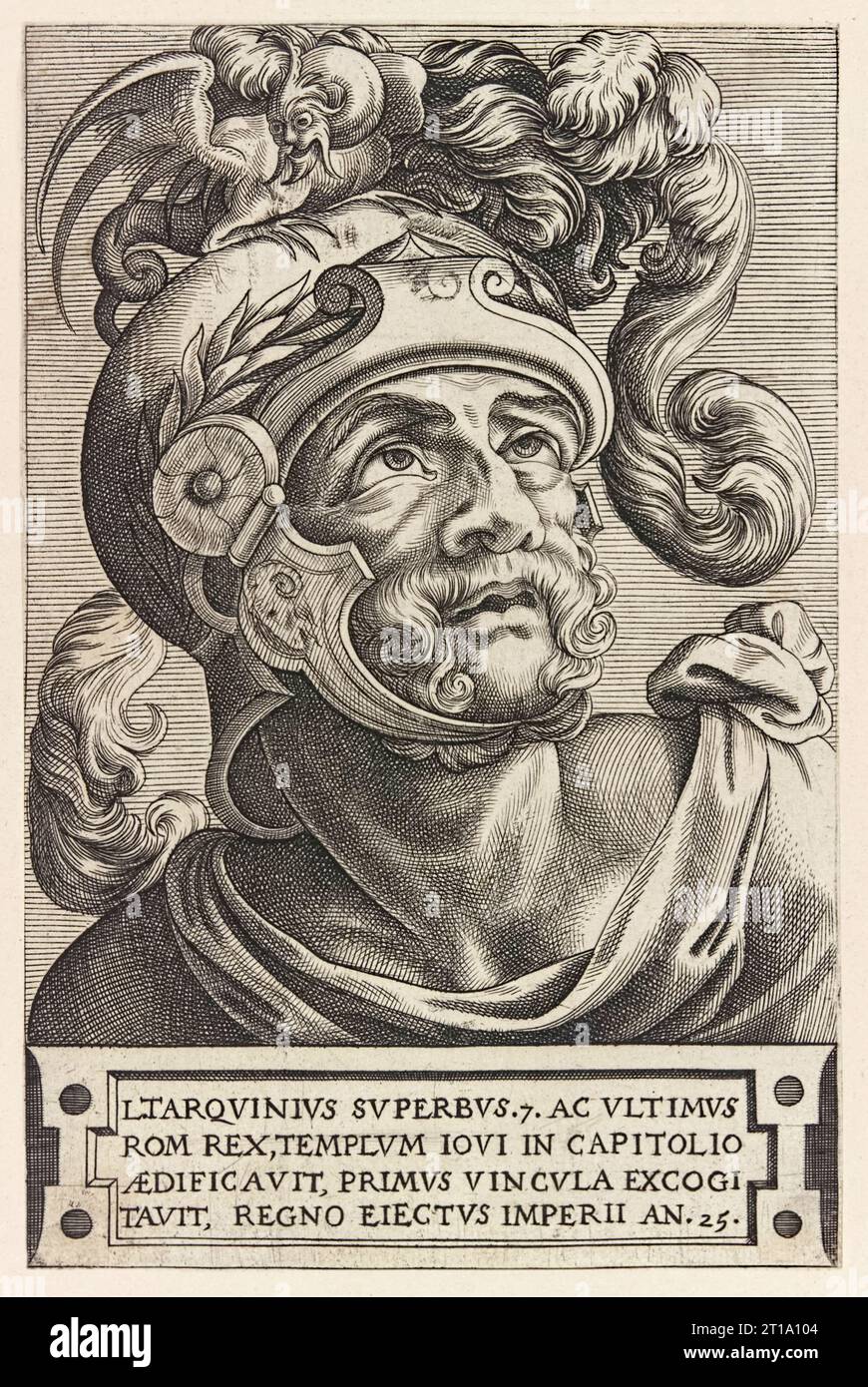 Lucius Tarquinius Superbus (mort en 495 av. J.-C.) septième et dernier roi de Rome, gravure de Frans Huys (vers 1522-1562) d'Emperors et Empress romains publiée en 1550. Banque D'Images