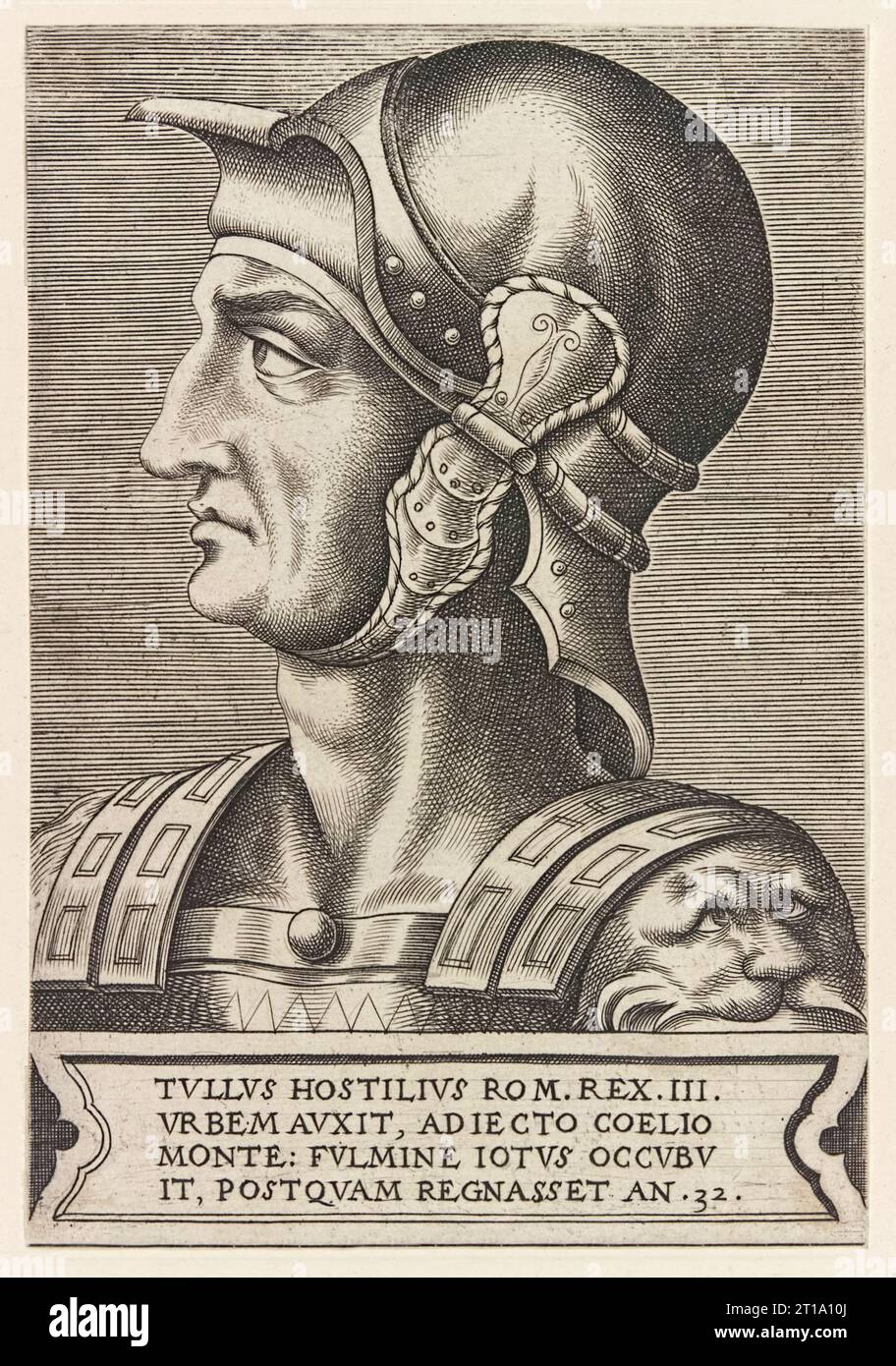 Tullus Hostilius (672-640 av. J.-C.) troisième roi de Rome, gravure de Frans Huys (vers 1522-1562) d'Empereurs et d'Empereurs romains publiée en 1550. Banque D'Images