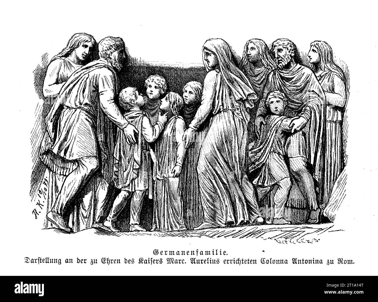 Famille allemande, bas relief sur la colonne Antonina à Rome érigée en l'honneur de l'empereur Marc Aurèle Antoninus. Banque D'Images