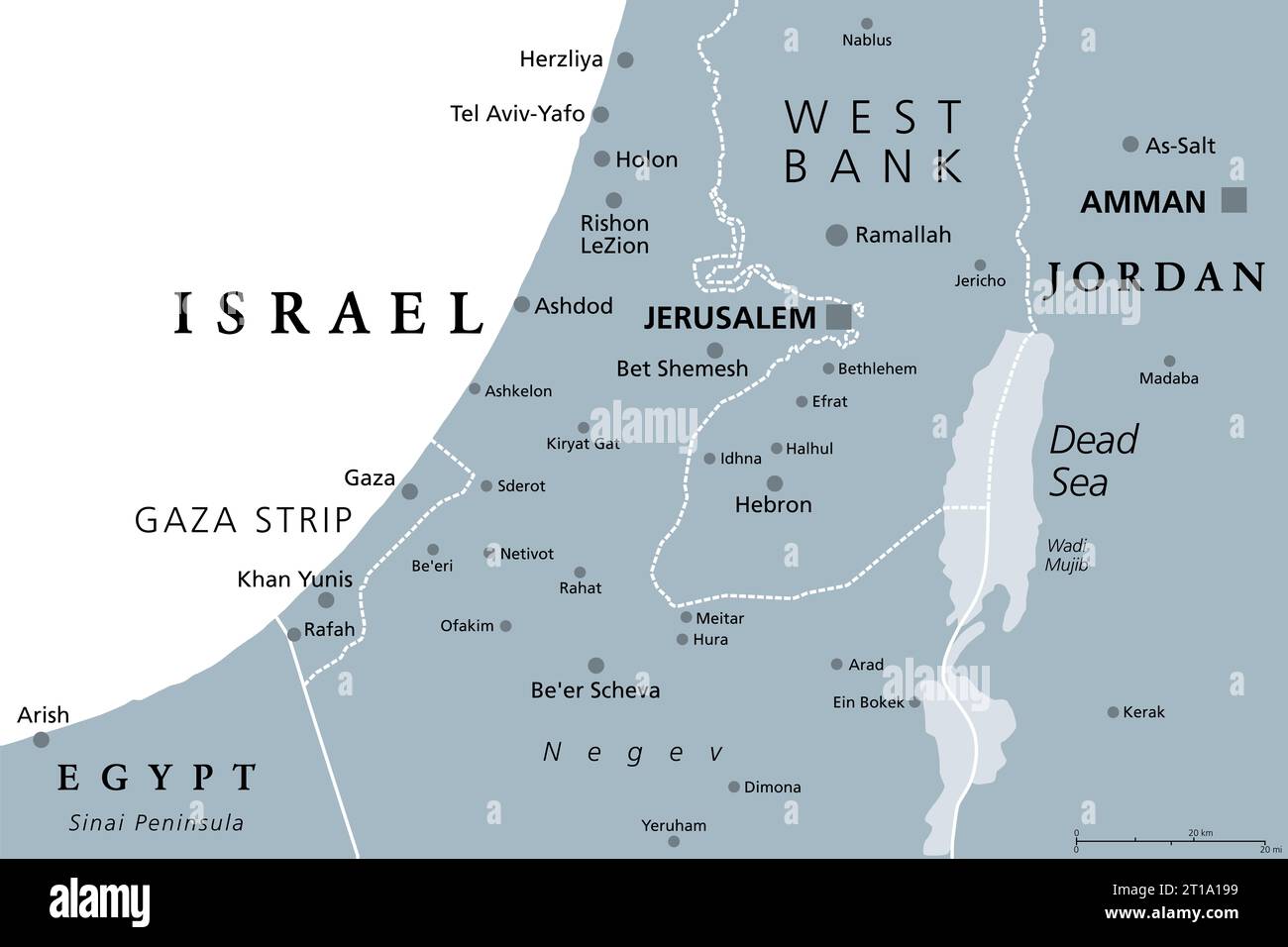 Partie du district sud d'Israël, carte politique grise, avec la bande de Gaza, la moitié inférieure de la Cisjordanie, la mer Morte, avec des frontières et des villes importantes. Banque D'Images