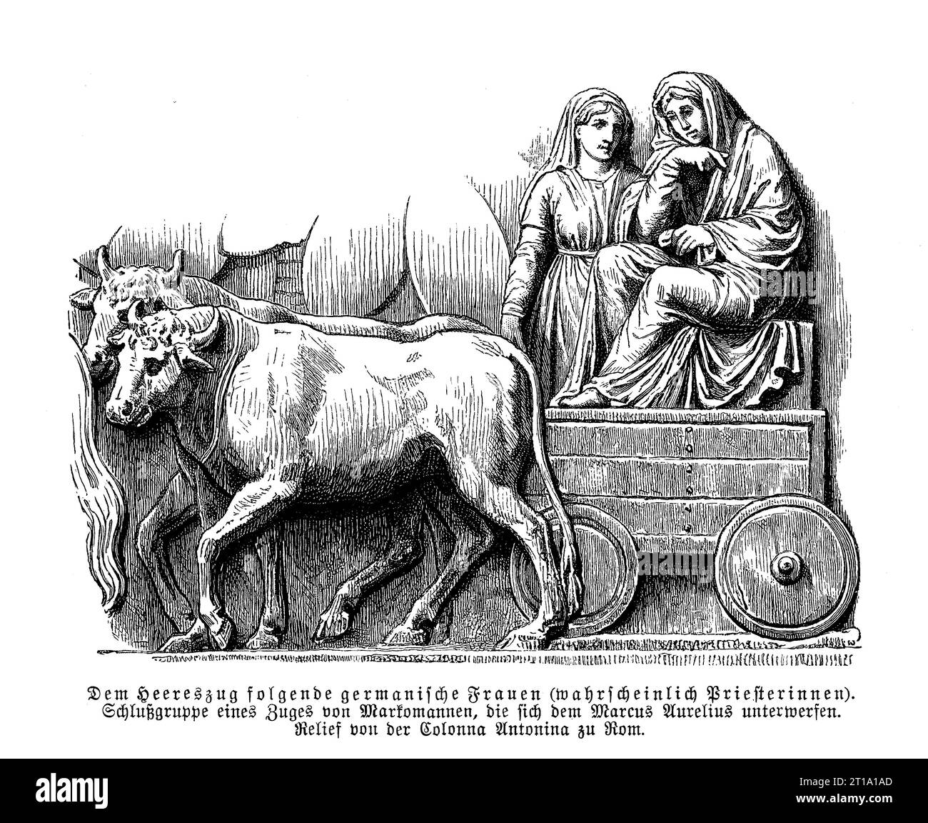 La prêtresse allemande Marcomann à la suite du cortège de l'armée romaine, bas relief sur la colonne Antonina à Rome érigée en l'honneur de l'empereur Marc Aurèle Antonin. Banque D'Images