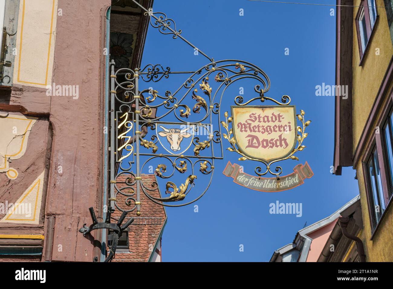 Altes Aushängeschild, Stadtmetzgerei Dosch, Eichelgasse, Altstadt, Wertheim, Bade-Wurtemberg, Allemagne Banque D'Images