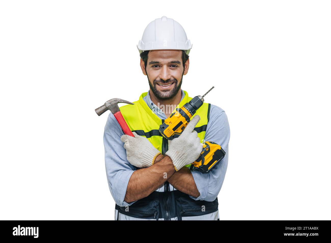 happy mâle travailleur house handy man fixer service de réparation avec des équipements d'outils de constructeur isolés sur fond blanc avec chemin de découpage. Banque D'Images