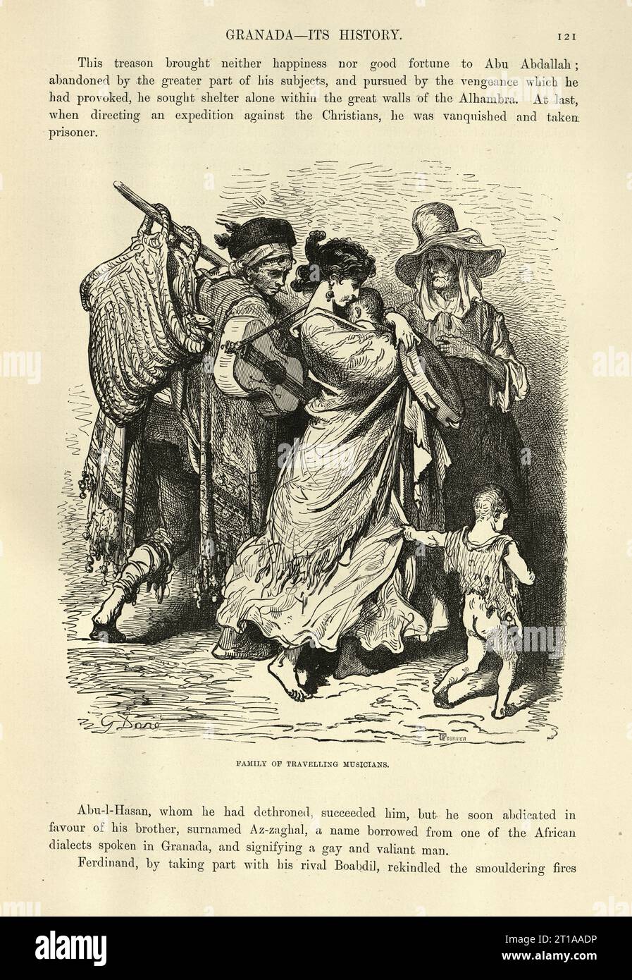 Famille de musiciens itinérants, Grenade, Andalousie, Espagne par Baron ch. D'Avillier, illustré par Gustave Dore Banque D'Images