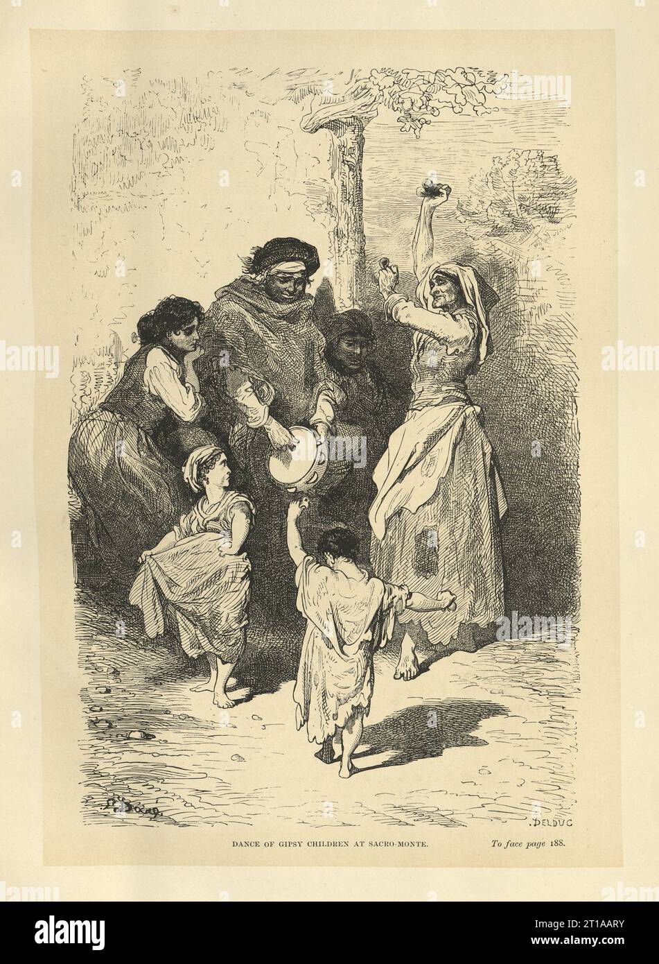 Illustration vintage, danse des enfants gipsy à Sacromonte, Grenade, Espagne, illustrée par Gustave Dore Banque D'Images