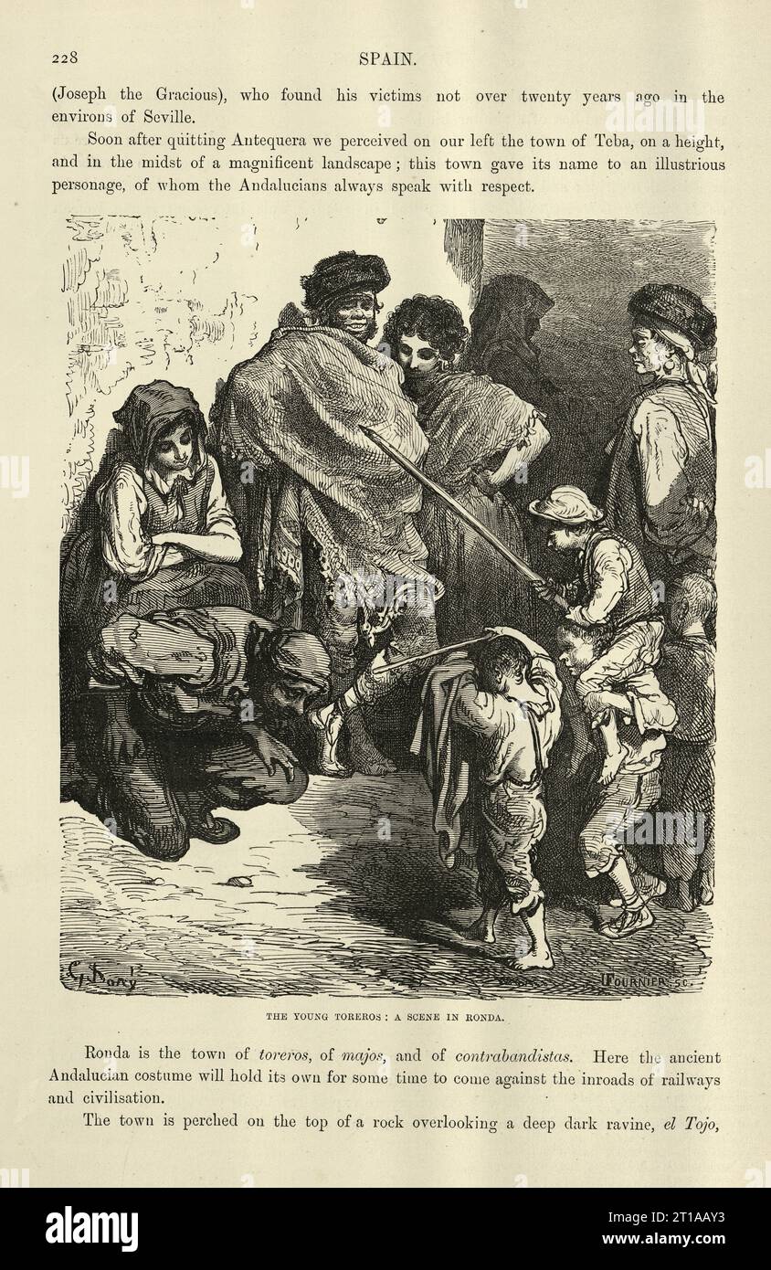 Les jeunes Toreros, une scène à Ronda, page d'Espagne par Baron ch. D'Avillier illustré par Gustave Dore, histoire espagnole 19e siècle Banque D'Images