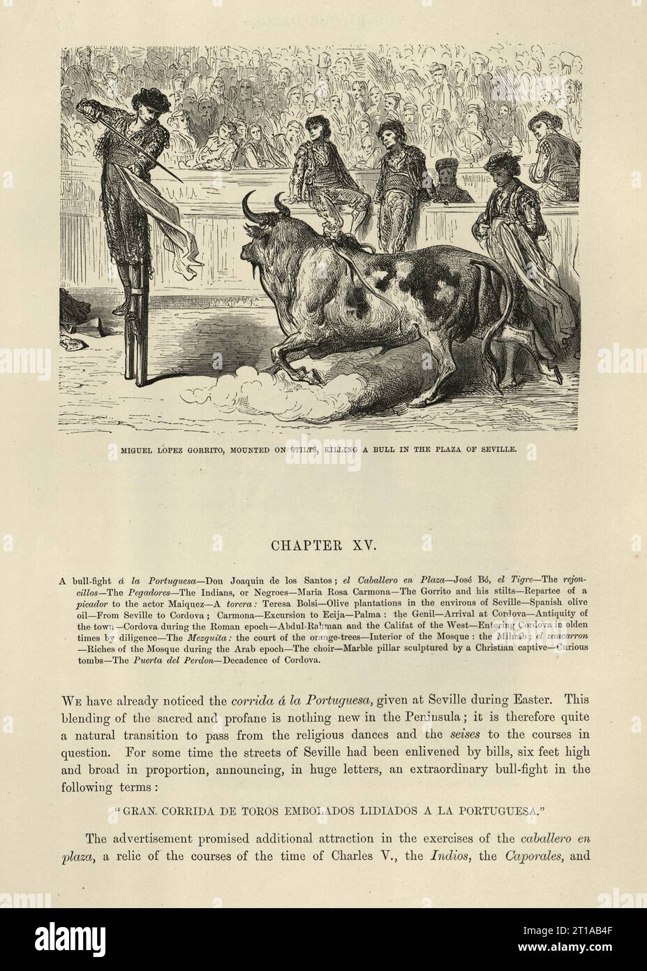 Illustration vintage de Gustave Dore, torero Miguel Lopez Gorrito, portant des échasses alors qu'il tue un taureau sur la place de Séville, Espagne, 19e siècle. Banque D'Images