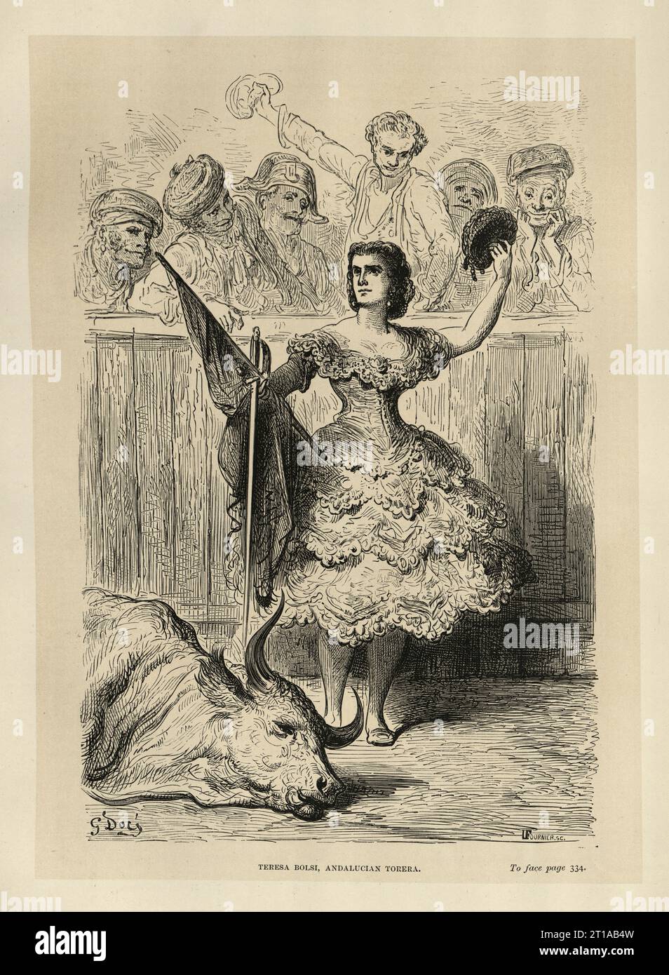 Illustration vintage de Gustave Dore, Teresa Bolsi, torero andalou, Séville, Espagne 19e siècle. Banque D'Images