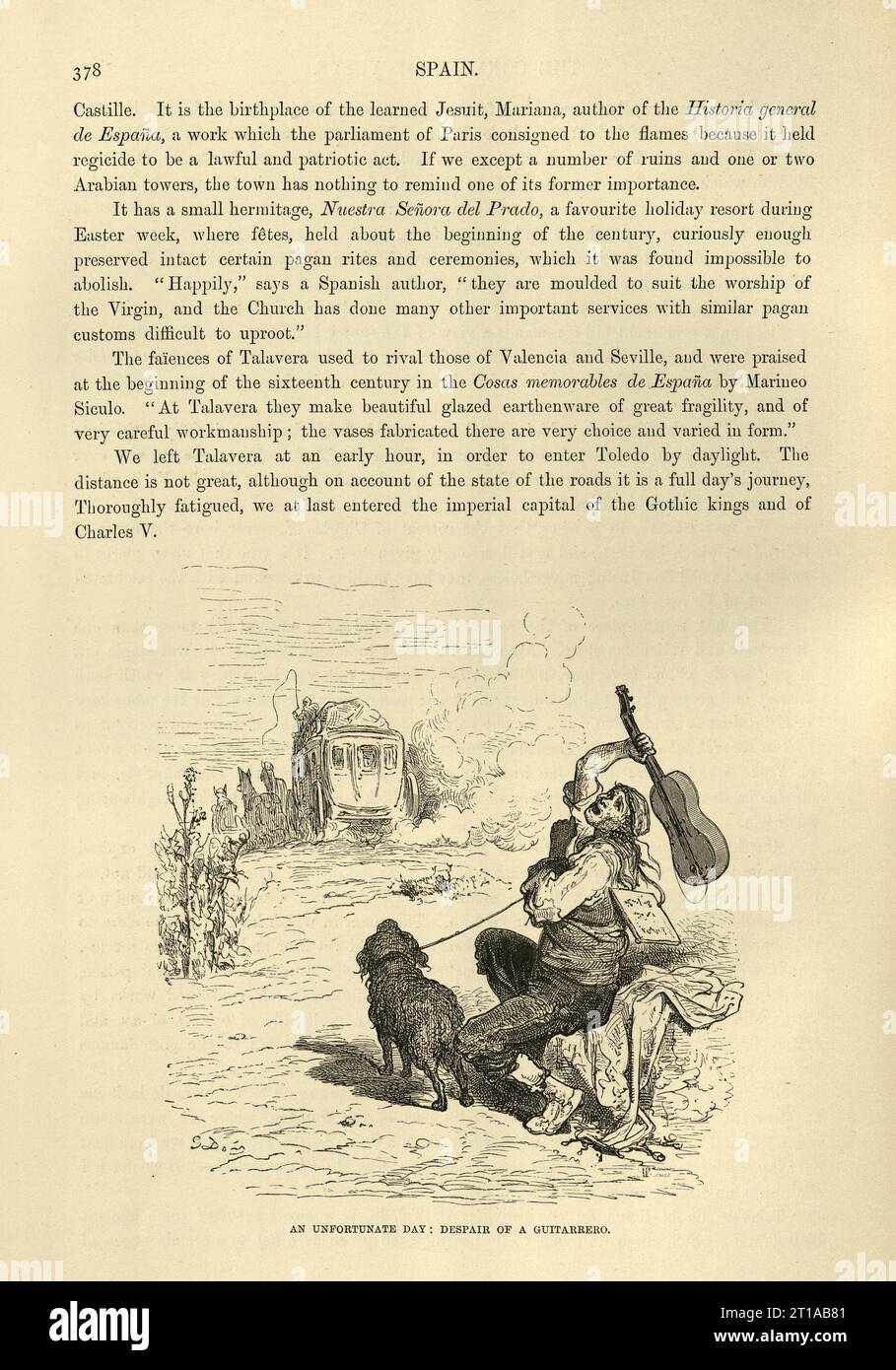 Illustration vintage de Gustave Dore, un jour malheureux, désespoir d'un Guitarrero, Espagne, Histoire espagnole du 19e siècle Banque D'Images