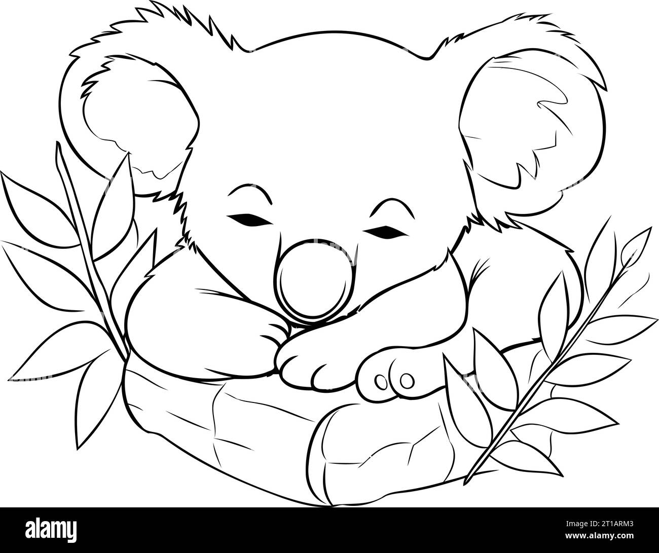 Coloriages pour enfants. Koala de dessin animé avec une branche d'eucalyptus. Illustration de Vecteur